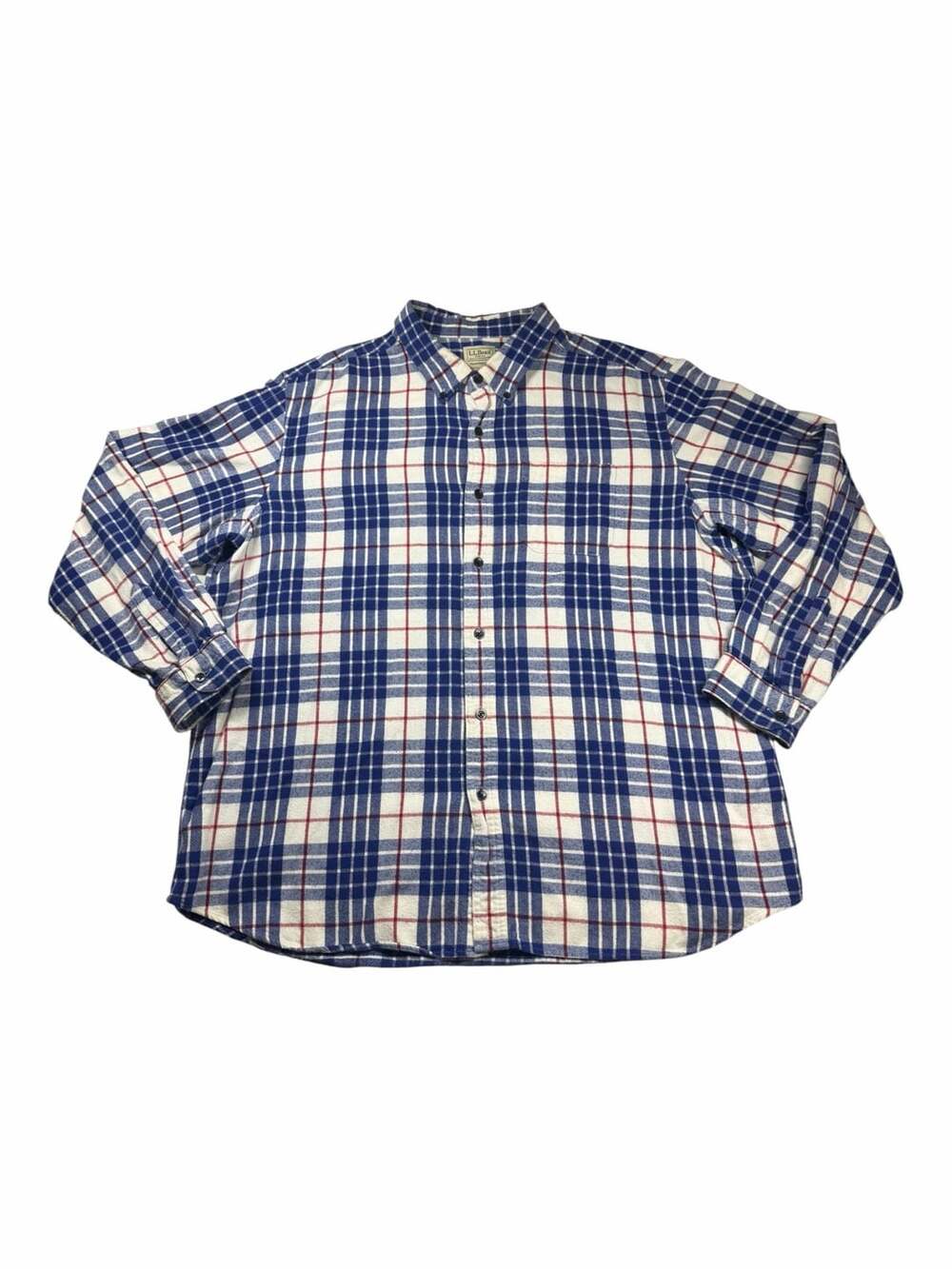L.L.Bean Mens XXL Traditional Fit Flannel Shirt Blue White Plaid 100% Cotton